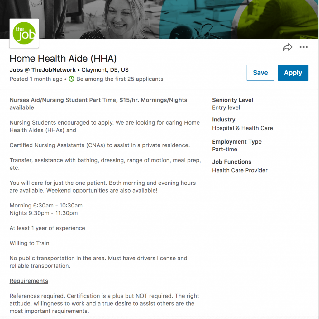 Job description example for healthcare job - home health aide