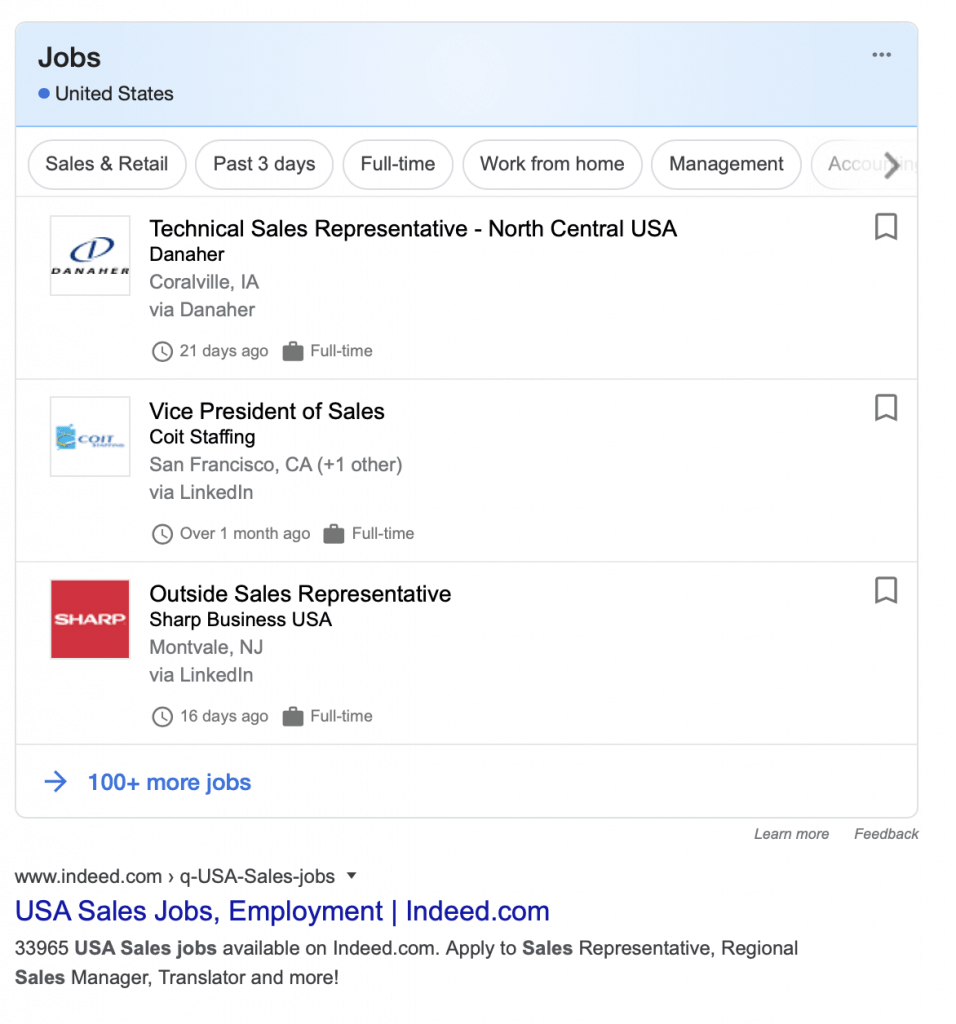 Indeed organic search results below Google for Jobs